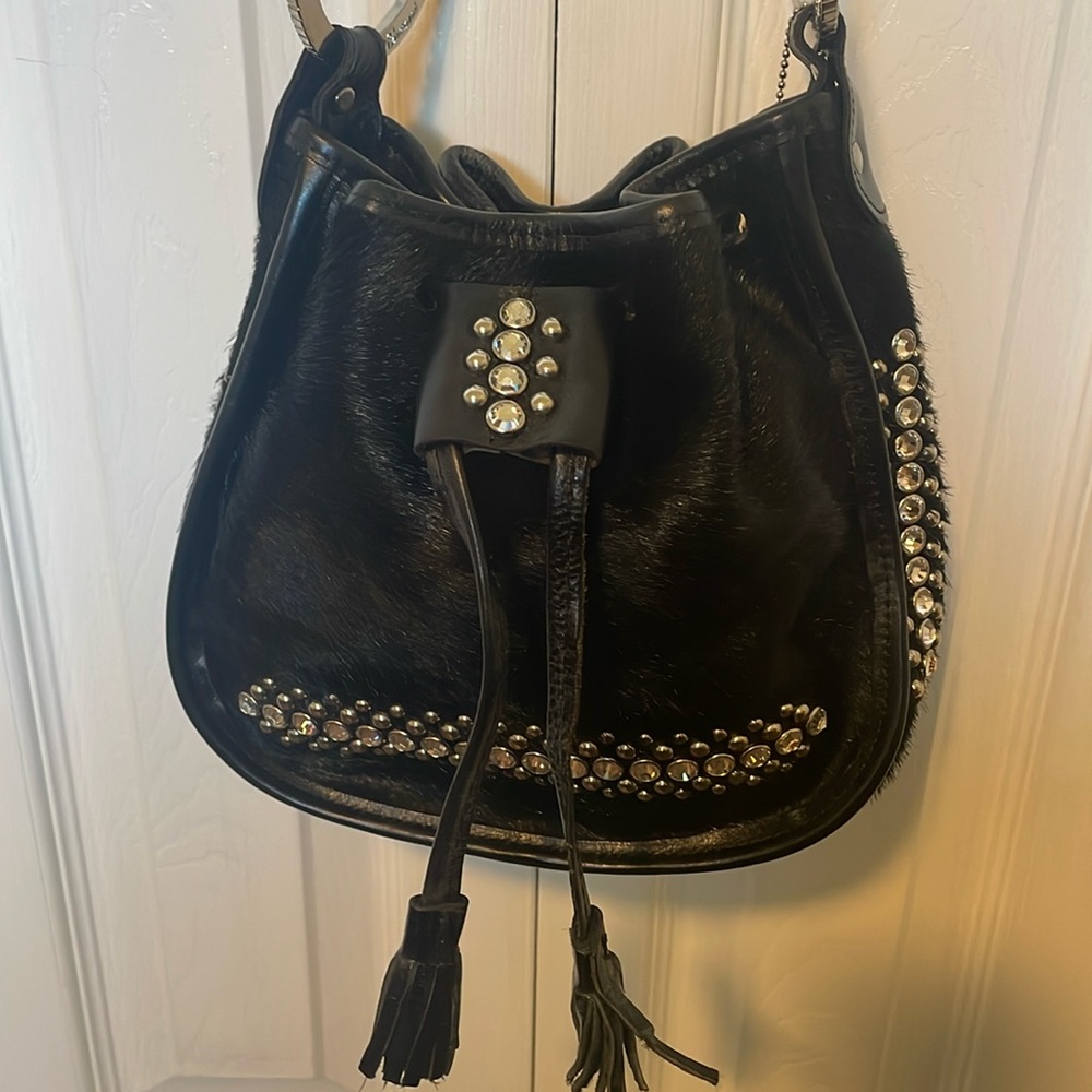 Raviani Black Faux Fur Leather Trim Drawstring Crystals Bucket Tote